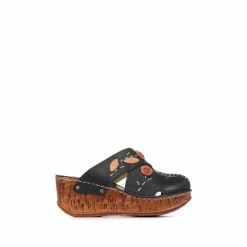 Pavers Ladies Black Leather Wedge Clogs