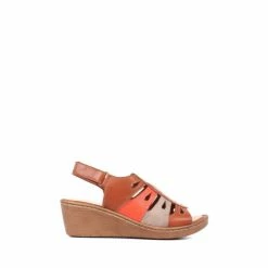 Pavers Tan Brown Leather Wedge Sandals