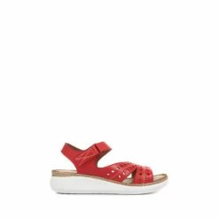 Pavers Red Ladies Leather Touch Fasten Cut Out Sandals